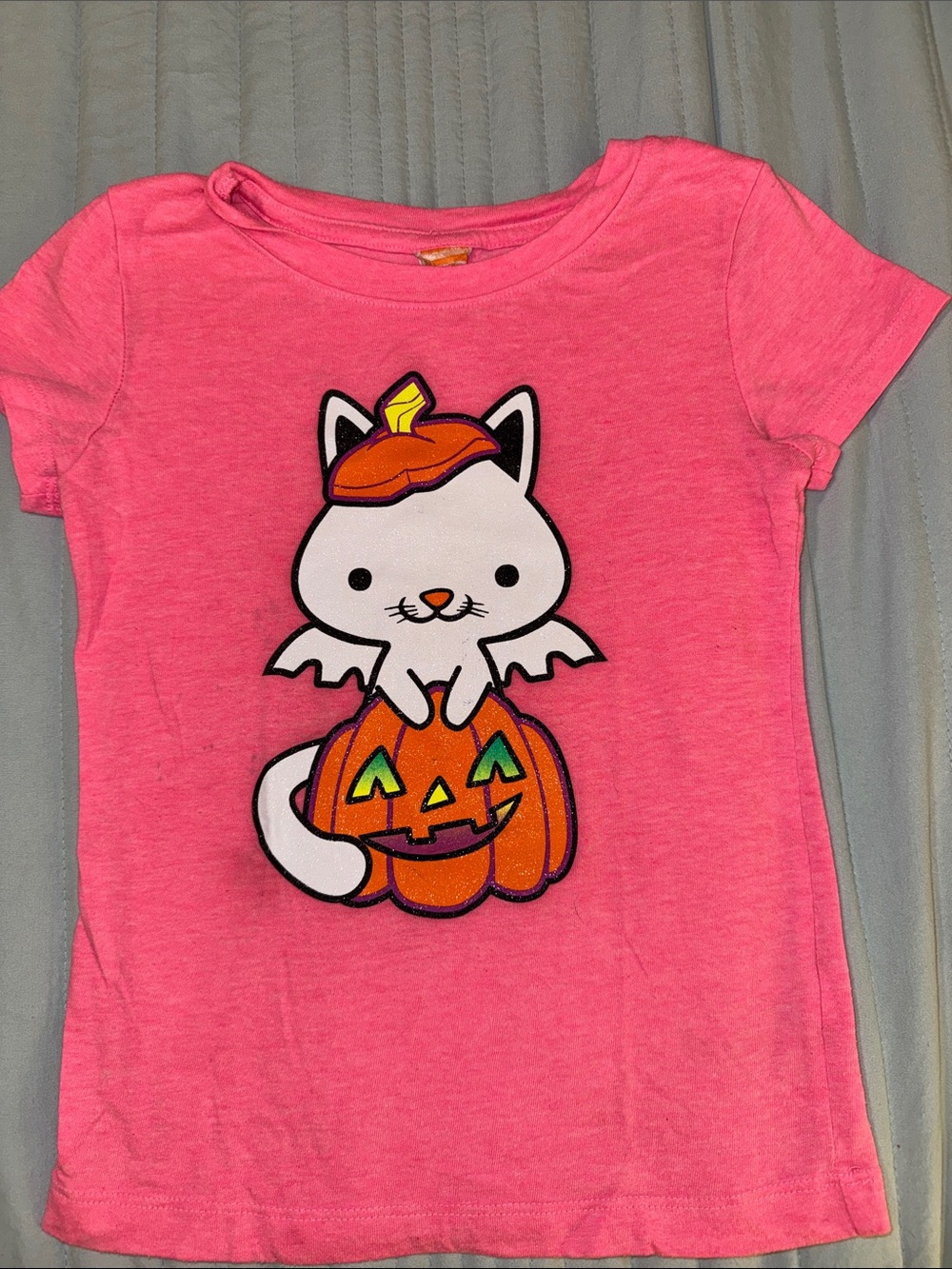 Kitty Bat in a Pumpkin on Hot Pink Graphic Tee